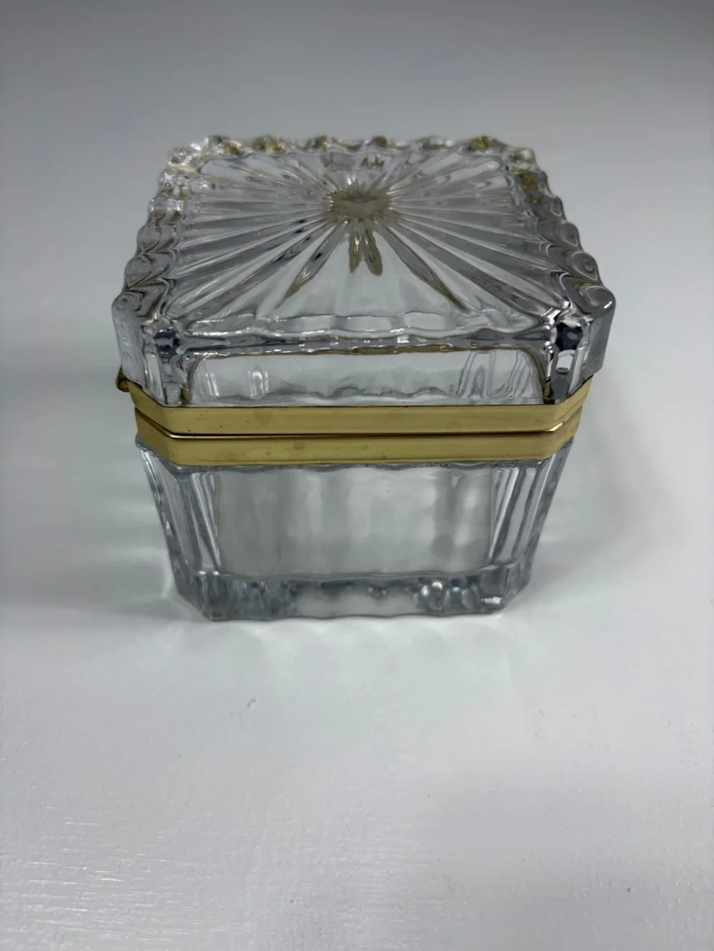 Vintage crystal jewelry casket with brass hinge 3 1/2 in. Square trinket box